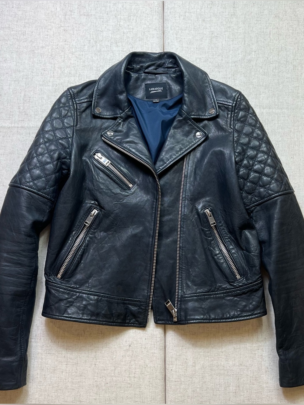 Black‎ Leather quilted Moto biker Jacket 
 Size Small